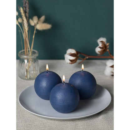 CANDWAX Set of 3 Round Candles Ball 3 inch - Royal Blue Spheres - Perfect as Wedding Decor and as Spheres for Home Decor - Long Burning Unscented Smokeless Dripless Navy Blue Candles
