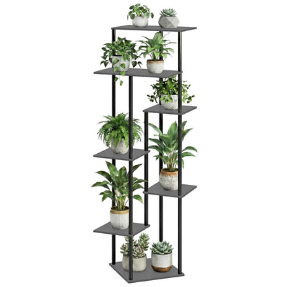 JEPRECO Tall Plant Stand Indoor 7-Tier Metal Wood Plant Shelf for Multiple Flower Pots Corner Flower Holders for Living Room Balcony Bedroom, Oak Grey