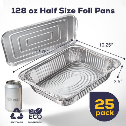 Fit Meal Prep 25 Pack 9x13 Aluminum Foil Pans with Lids - Heavy Duty Half Size Baking Pans Disposable for Roasting, Cooking, Serving, and Freezing - Tin Pan Trays for Buffet and Food Storage