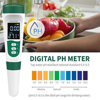 CANNABMALL 5-in-1 Digital PH Meter, with Voice Function, PH/TDS/EC/Temp/Salt Pool Salt Tester, Waterproof & Rechargeable Pen Meter for Swimming Pools, Fish Tank, Aquariums & Hydroponics