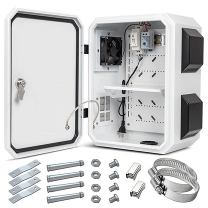 Outdoor Electrical Box with Thermostat and Fan, Cold-Rolled Steel Plate, Aluminum Alloy Back Beam, One-Piece Ventilation Design, IP65 Waterproof, Wall/Pole Mounted. (15.7" x 11.8" x 7.9")