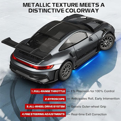 1/43 Scale RC Drift Car Mini 911 RC Model Car 2.4GHz 4WD RC Alloy Vehicles with Gyro &amp LED Lights for Adults Hobby Toys (Blue)