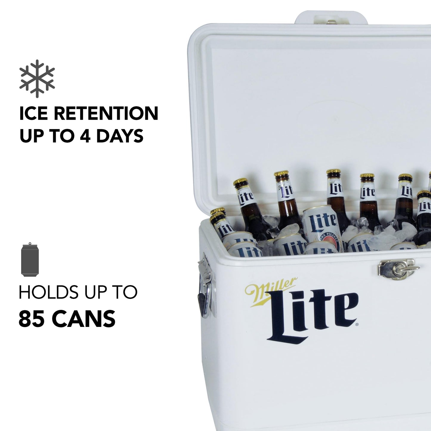 Miller Light Ice Chest Cooler - Portable Ice Bucket with Bottle Opener, Vintage Style, Insulated for Camping, Beach, Picnic, RV, BBQs, Tailgating, Fishing, Steel-Belted, 85 Can Ice Box, 51L (54 qt)