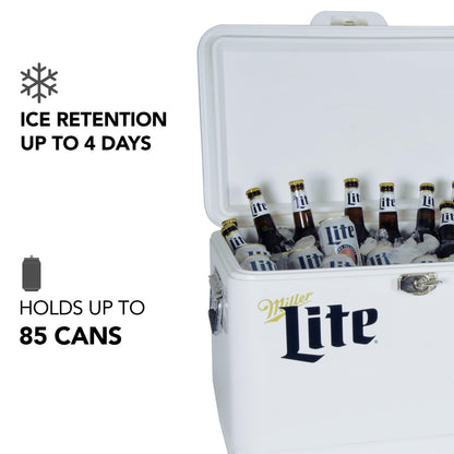 Miller Light Ice Chest Cooler - Portable Ice Bucket with Bottle Opener, Vintage Style, Insulated for Camping, Beach, Picnic, RV, BBQs, Tailgating, Fishing, Steel-Belted, 85 Can Ice Box, 51L (54 qt)