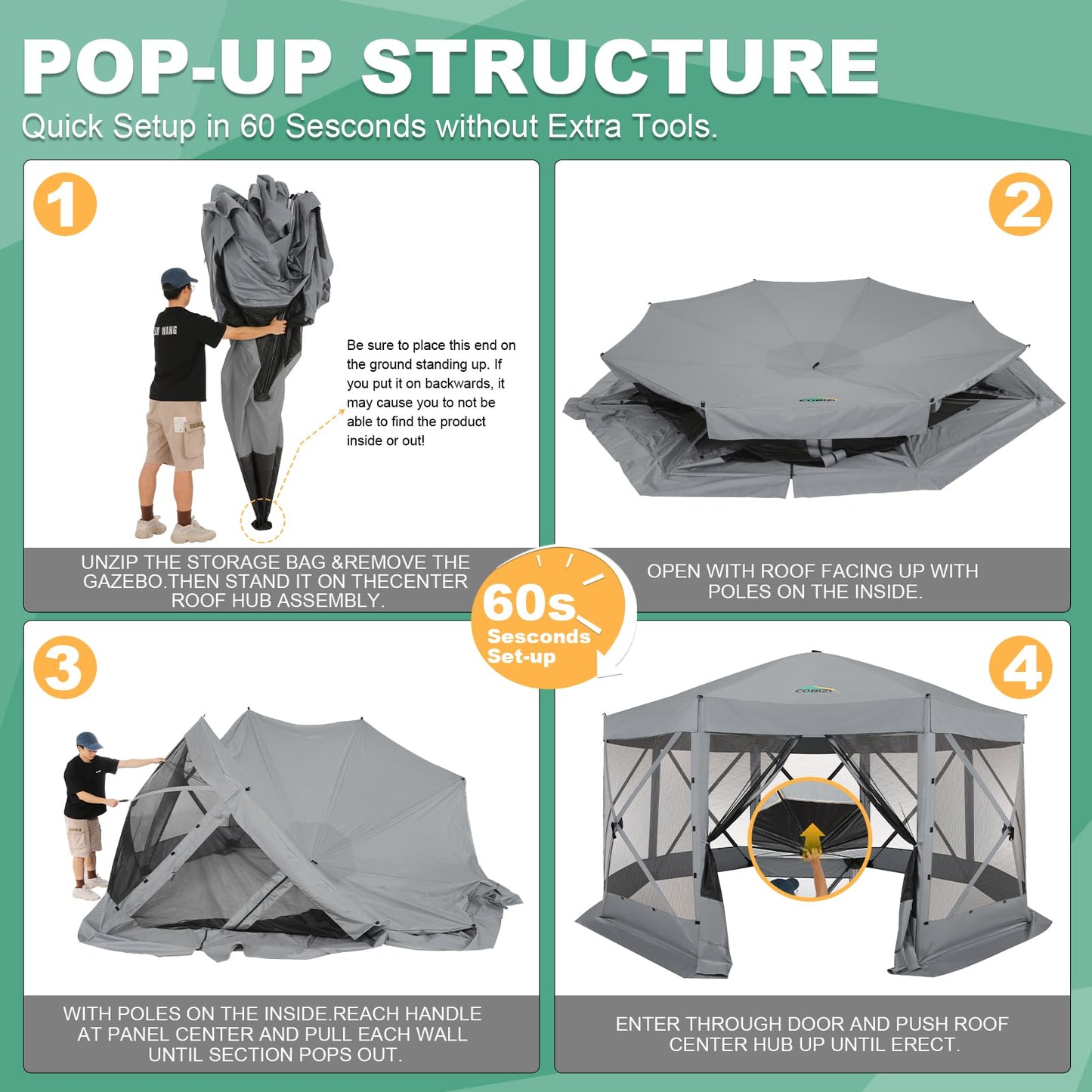 COBIZI 15x15 FT Pop Up Gazebo - Canopy Tent, Large Gazebos On Clearance with Sidewalls, Screened in Gazebo,carpas para Patio,Portable Screen Tents for 12-15 Persons Outdoor Camping, Backyard,Gray