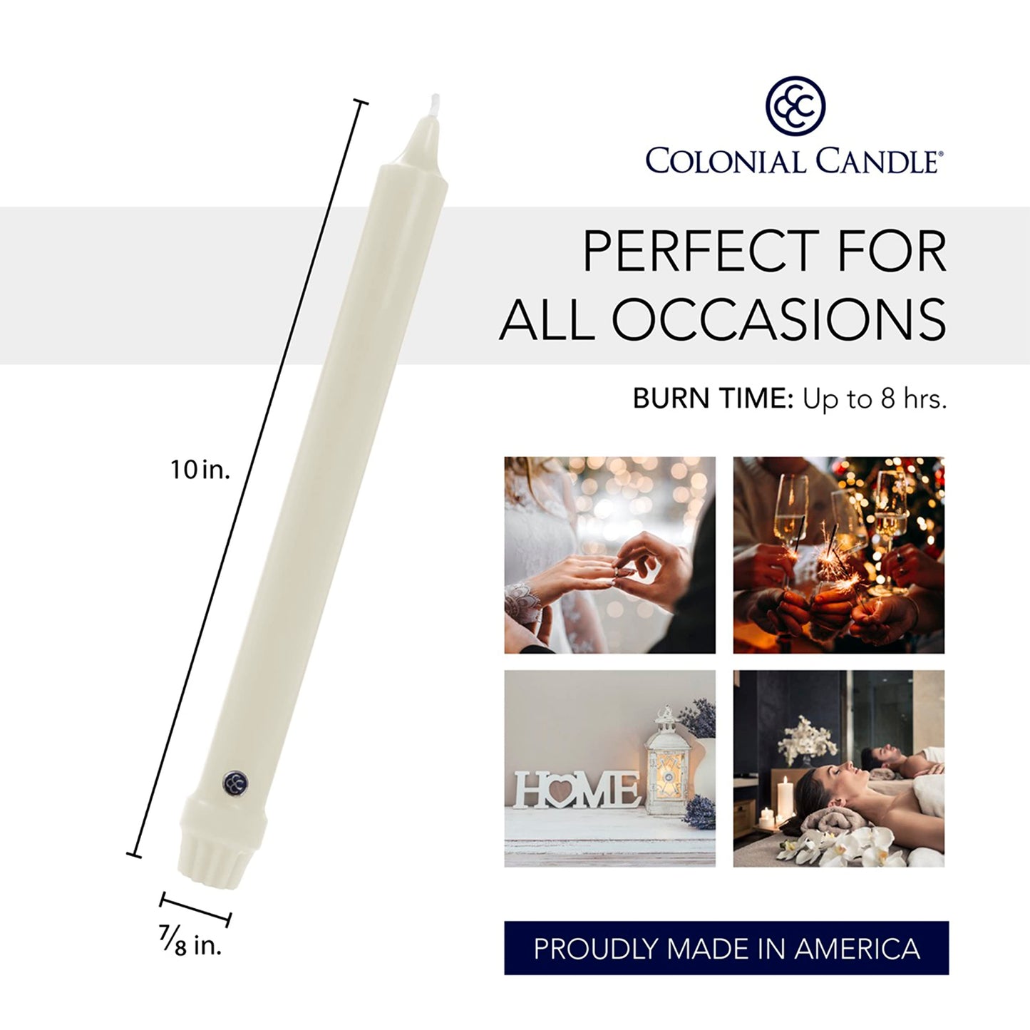 Colonial Candle Unscented Taper Candle, Classic Collection, Ivory, 10 In, Pack of 12 - Up to 8 Hours Burn