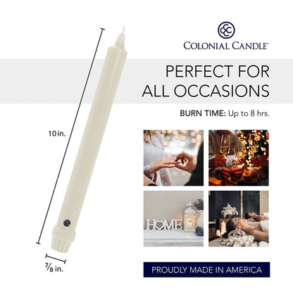 Colonial Candle Unscented Taper Candle, Classic Collection, Ivory, 10 In, Pack of 12 - Up to 8 Hours Burn