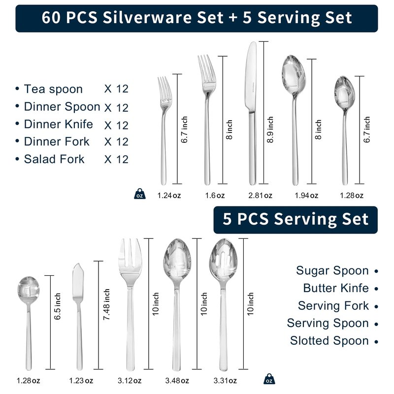 KINGSTONE Silverware Sets with Serving Utensils, 65 Piece Flatware Set for 12 with Gift Box