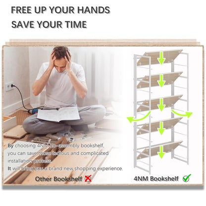 4NM No Assembly 5 Tier Collapsible Book Shelves, 51.2" H x 23.6" W Folding Bookshelf Bookcase Open Industrial Foldable Shelf for Bedroom, Living Room, Home Office - Natural White