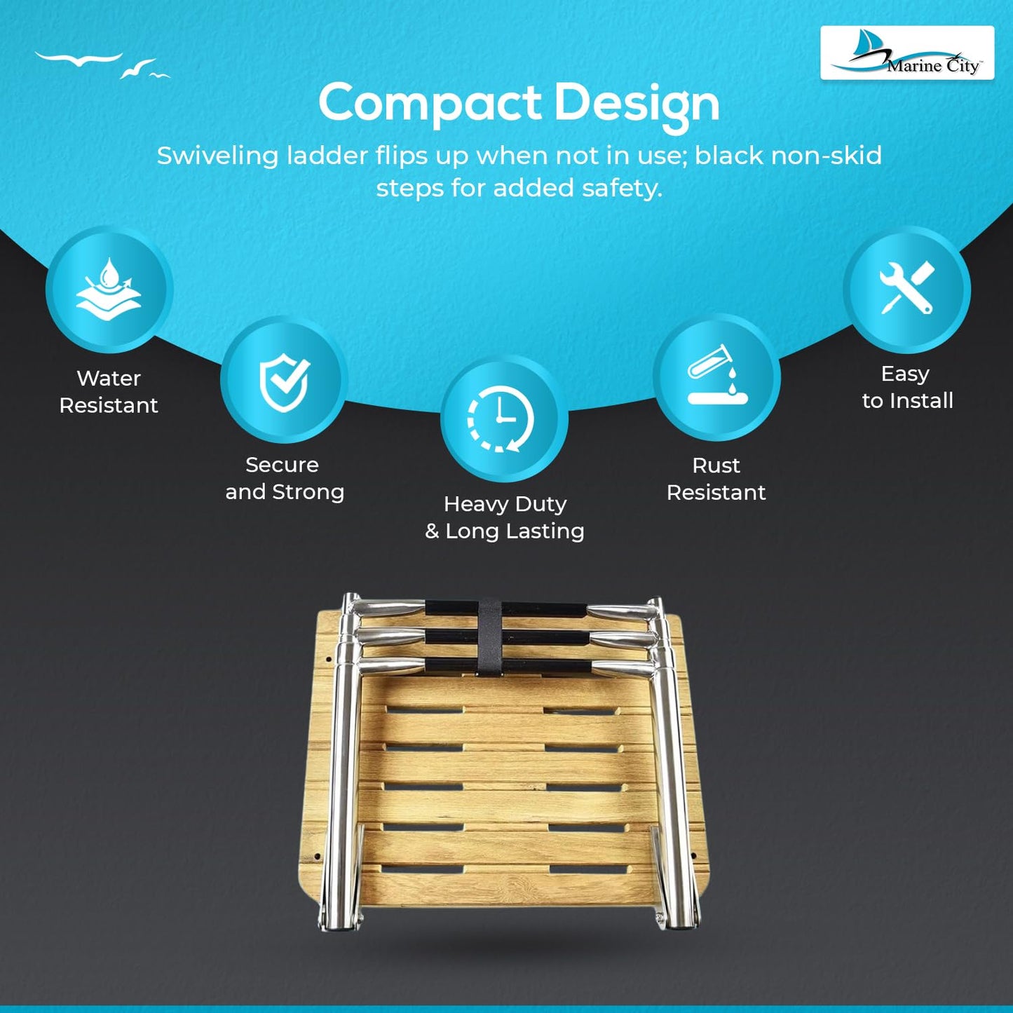 MARINE CITY Stainless Steel Swim Teak Platform Boat Ladder, Low Maintenance Ideal for Marines, Boats, Ships, Yachts (Teak I/B (3 Steps))