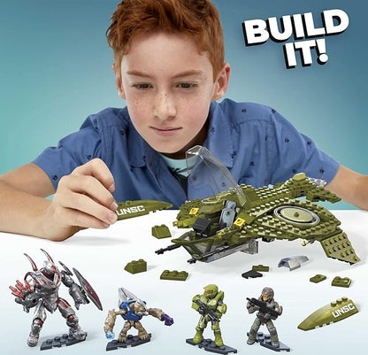 MEGA Halo Infinite Toy Building Set UNSC Wasp Onslaught Aircraft with 406 Pieces 4 Poseable Action Figures and Accessories for Collectors