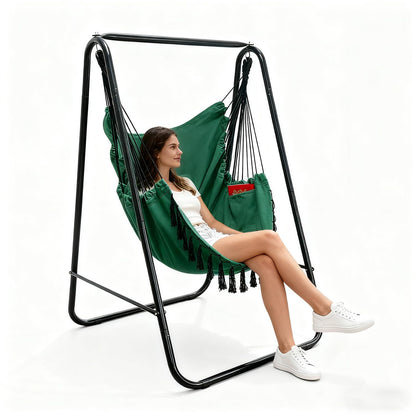 PIRNY Hammock Chair with Stand,Heavy-Duty Hammock Stand with Large Indoor Swing,MAX Load 500 LBS,Hanging Chair with Stand for Indoor Outdoor,Swing Chair with 2 Cushions Included(Dark Green)