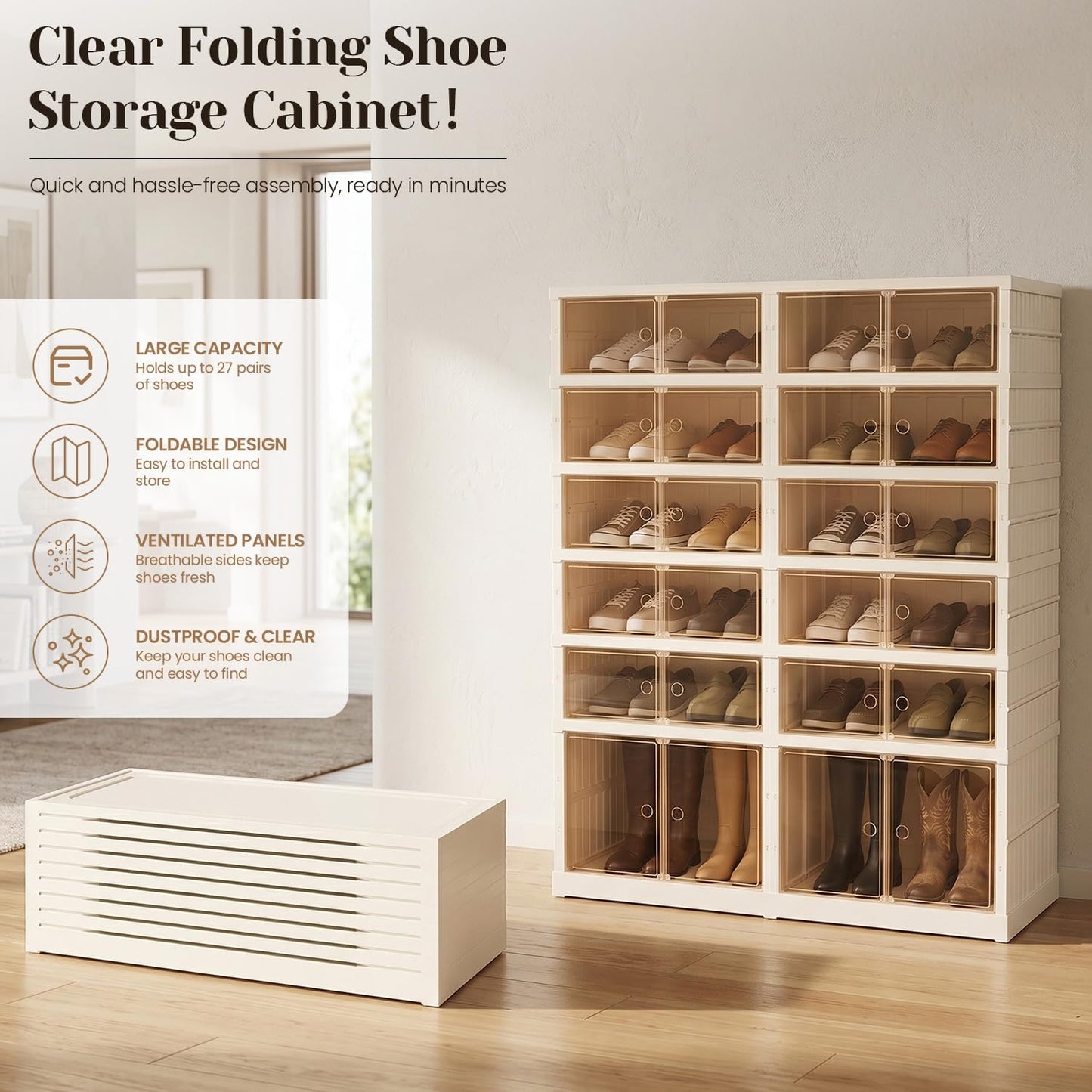 Tykacna Collapsible Shoe Rack Organizer, Extra Large Shoe Boxes with Doors, Stackable Plastic Storage Cases for Closet and Entryway, Clear Folding Shoe Cabinet with Wheels (6Tiers, 24Pairs)