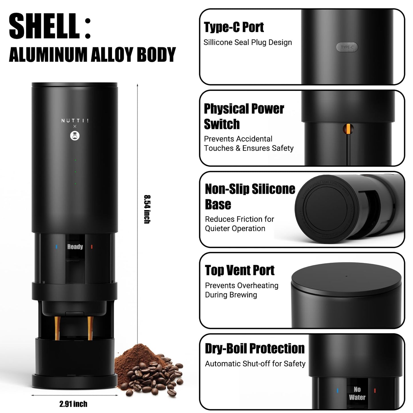 Nuttii E-Coffee Portable Espresso Machine, 20 Bar Self-Heating Travel Coffee Maker, Precise Pressure Control for Golden Extraction, Supports Ground & Capsule Coffee for RV, Camping & Office (Black)