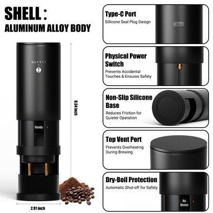Nuttii E-Coffee Portable Espresso Machine, 20 Bar Self-Heating Travel Coffee Maker, Precise Pressure Control for Golden Extraction, Supports Ground & Capsule Coffee for RV, Camping & Office (Black)