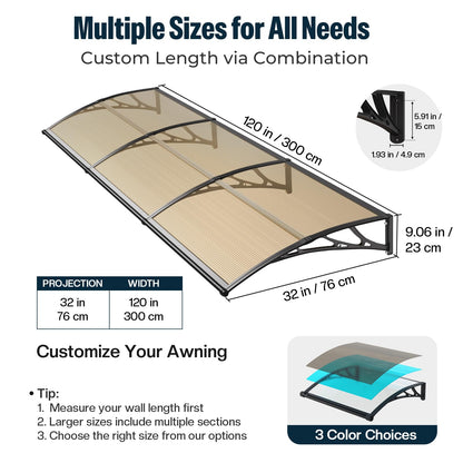 NEBAIKA Awning for Outside, 32x120 UV-Resistant Rain and Snow-Proof House Overhang Canopy, Polycarbonate Door Awnings Exterior for Outdoor Patio, Porch, Deck, Window