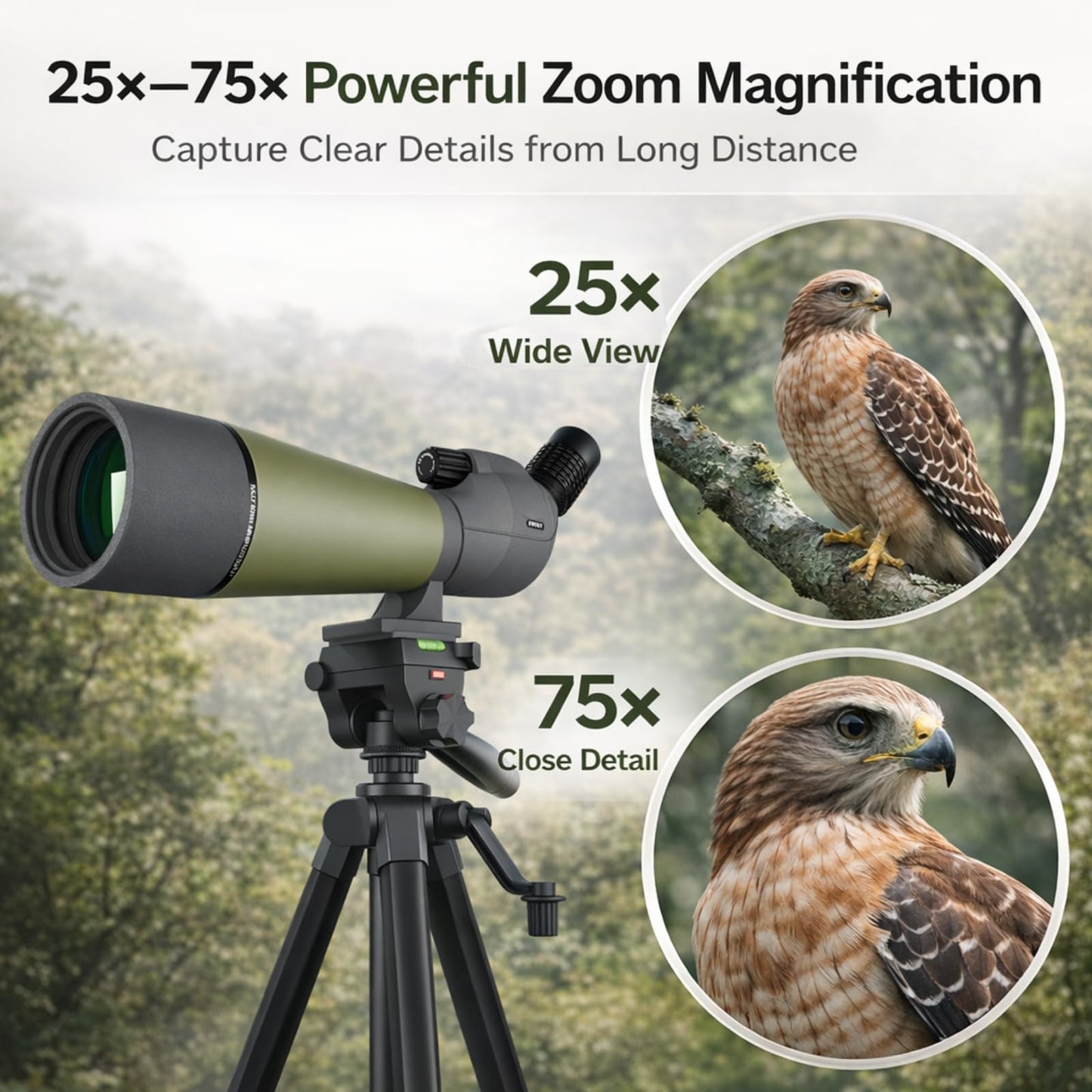 NWDEY Spotting Scope 25-75x80, BAK4 Prism FMC Optics, Waterproof Spotting Scope with Upgraded Tripod, Phone Adapter and Carrying Case for Bird Watching, Target Shooting, Wildlife Viewing