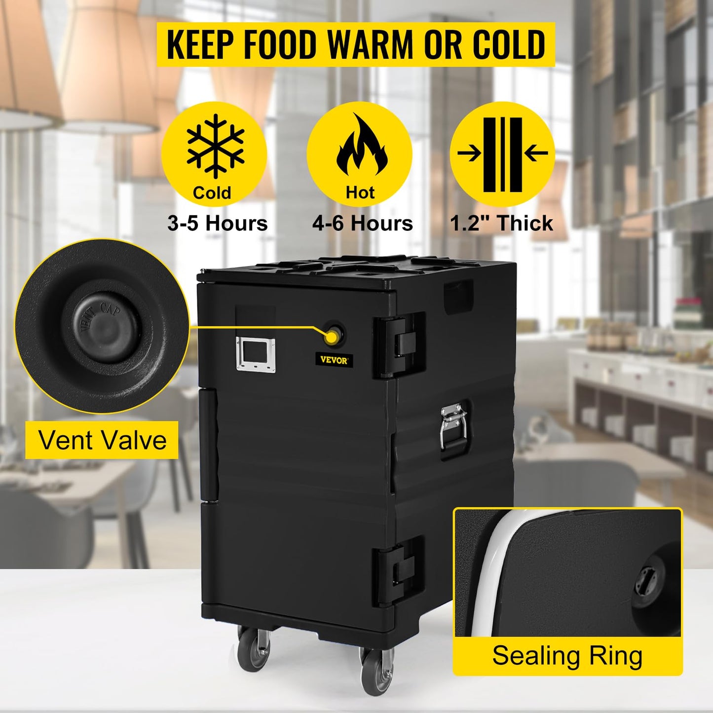 VEVOR Insulated Food Pan Carrier, 127 Qt Hot Box for Catering, LLDPE Food Box Carrier w/Double Buckles, Front Loading Food Warmer w/Handles, End Loader w/Wheels for Restaurant, Canteen, etc. Black