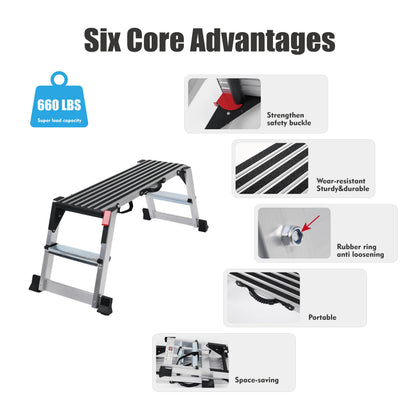 Folding Work Platform, 660 Lbs Heavy Duty Load Capacity, Portable Aluminum Drywall Step Bench, Non-Slip Hop Up Stool for Car Washing, Painting & Home DIY, 37.8" x 11.8" x 19.7"