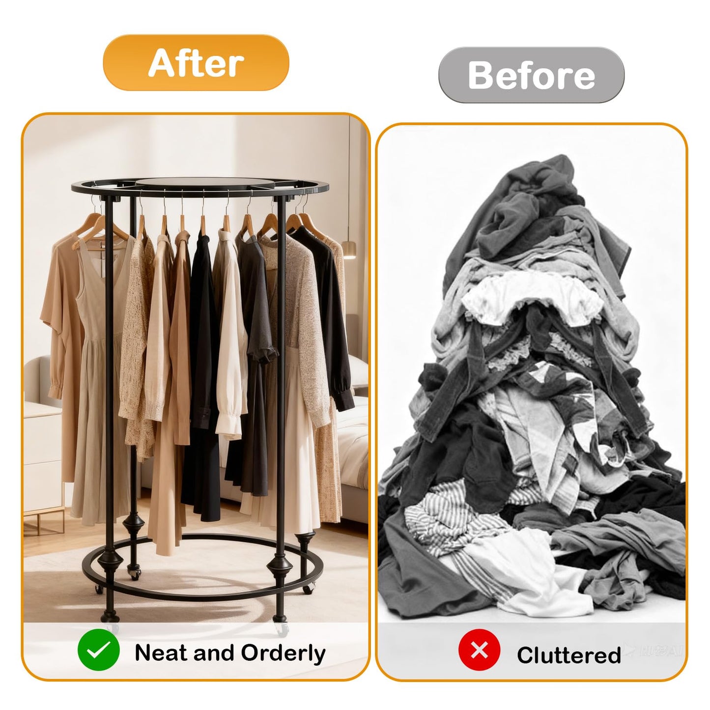 Round Garment Racks for Hanging Clothes, Portable Rolling Floor Standing Wardrobe Rack with Topper, Rotate 360 °Clothing Racks for Bedroom, Clothing Store, Dance Hall (Black, 27.5 inches x 51 inches)
