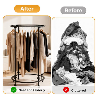 Round Garment Racks for Hanging Clothes, Portable Rolling Floor Standing Wardrobe Rack with Topper, Rotate 360 °Clothing Racks for Bedroom, Clothing Store, Dance Hall (Black, 27.5 inches x 51 inches)