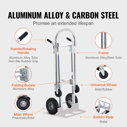 VEVOR Aluminum Truck, 2 in 1, 800 lbs Load Capacity, Heavy Duty Industrial Convertible Folding Hand Truck and Dolly, Utility Cart Converts from Hand Truck to Platform Cart with Rubber Wheels