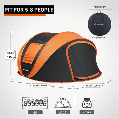 EchoSmile Instant Pop Up Camping Tent, 6 Person Easy Setup Tent, Water Resistant Dome, Portable with Carry Bag,Black & Orange,