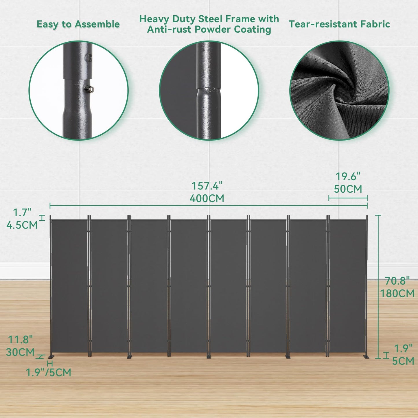 Helios&Hestia 8-Panel 6 ft Tall Indoor Folding Room Divider, Portable Privacy Screen, Freestanding Partition Separator, Temporary Wall Separation for Bedroom, Office, 160" W X 71" H, Dark Grey
