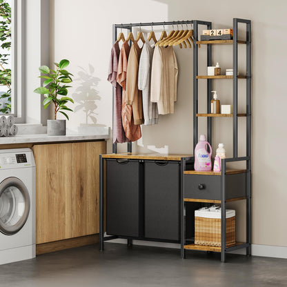 Creso hom Laundry Hamper with Shelf, 5 Tiers Tall Laundry Basket Sorter with 2 Pull-Out and Removable Bags, Clothes Rack with Laundry Sorter for Laundry Room Bathroom Bedroom, Rustic Brown