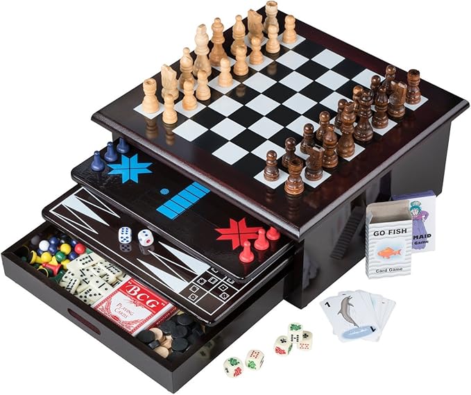 Board Game Set - Deluxe 15 in 1 Tabletop Wood-accented Game Center with Storage Drawer (Checkers Chess Chinese Checkers Parcheesi TicTacToe SOlitaire Snakes and Ladders Mancala Backgammon Pok