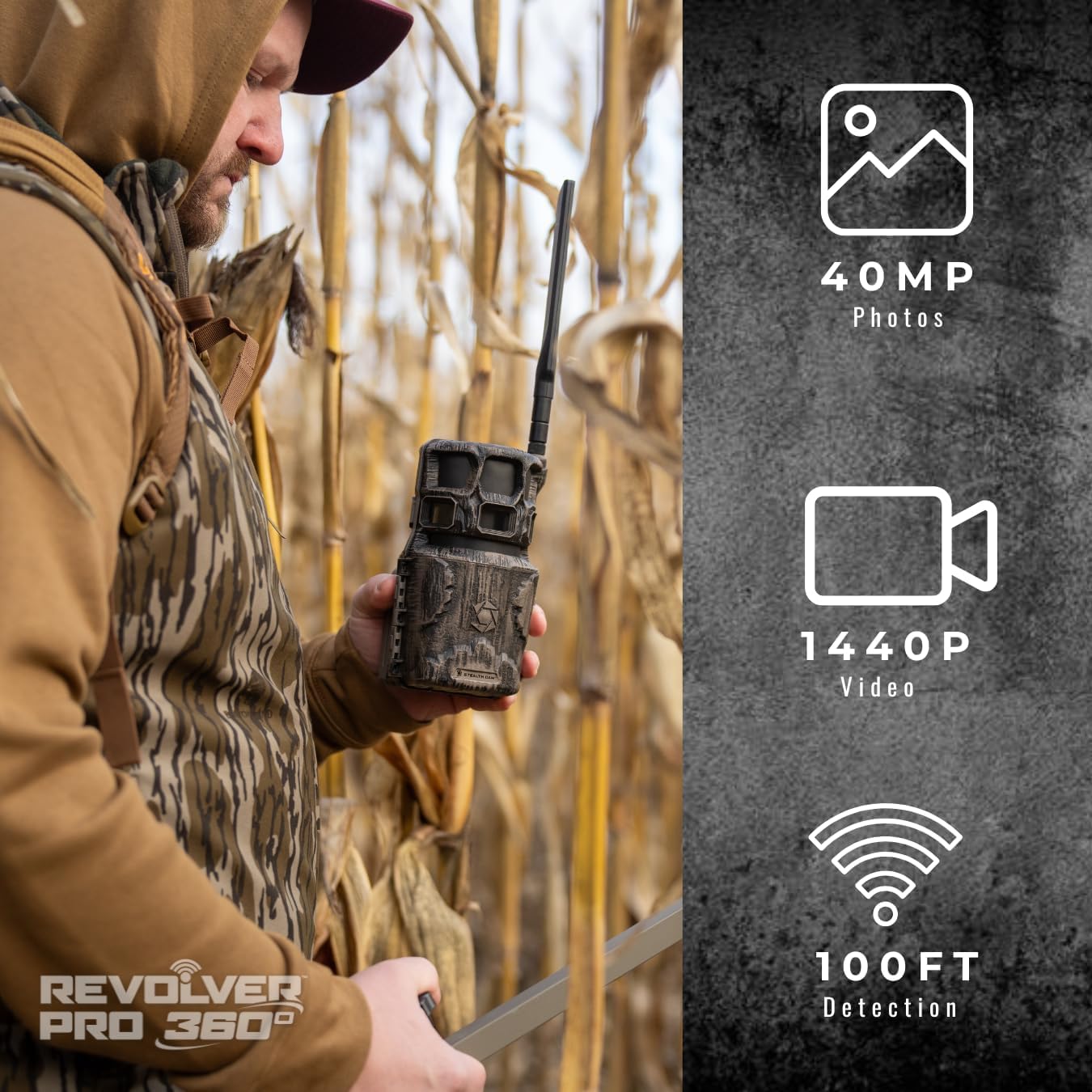 Stealth Cam Revolver Pro 2.0 – 360° Cellular Trail Camera with Auto-Scan, No-Glow IR Flash, 0.4s Trigger Speed, HD Video, Verizon/AT&T Compatible Includes Solar Panel & Cloth (1PK)