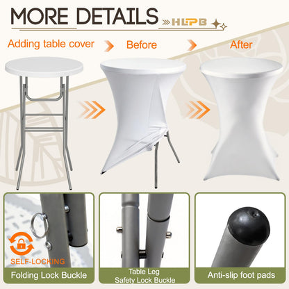HLPB 28" Round Folding Table with Cover, Foldable Bar Height Table with Removable Legs, Cocktail Table with Handle and Locking Legs for Parties, Patio, Backyard, Wedding, Dining, White