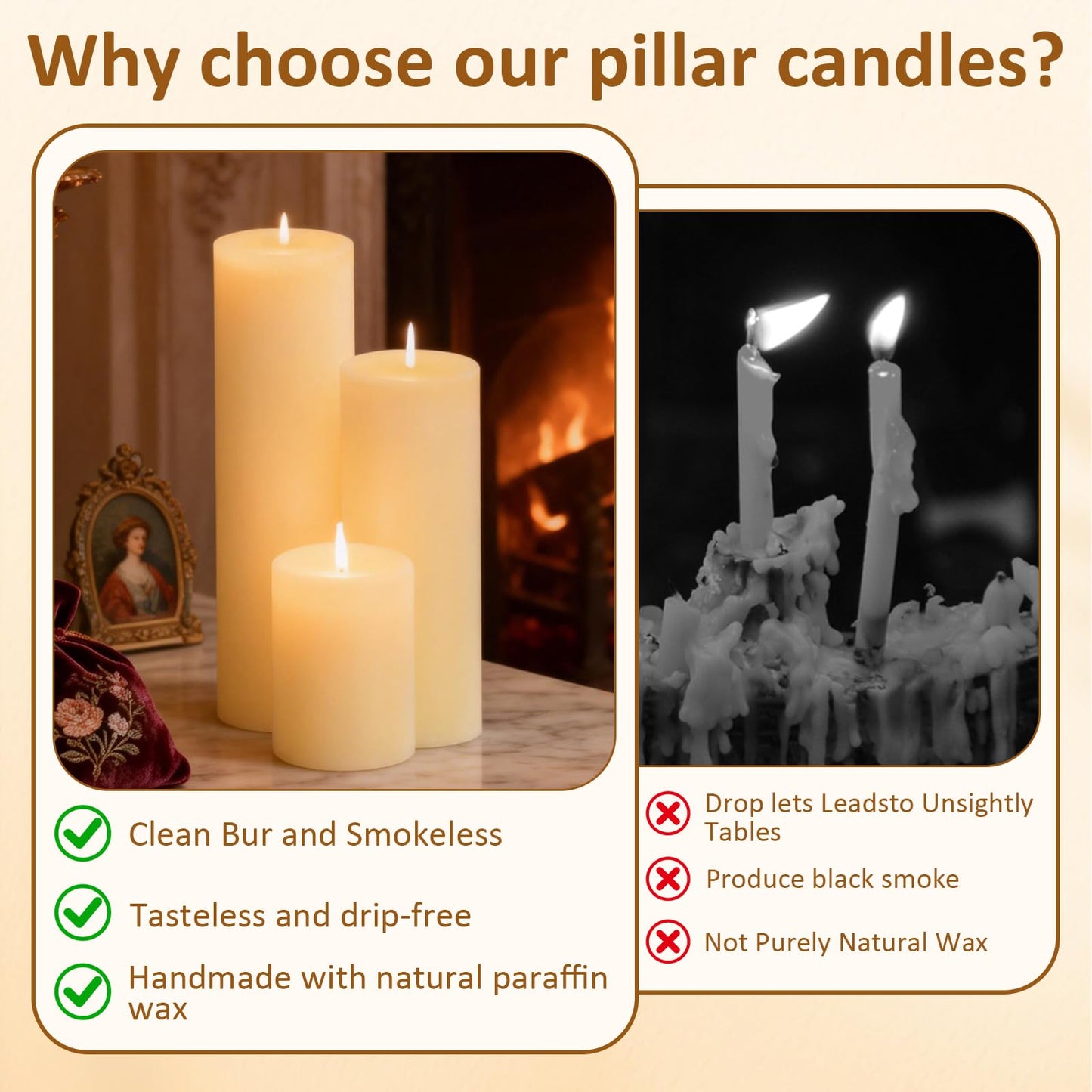 CHICERA 24-Pack Ivory Unscented Pillar Candle Set - 2x3, 2x6, 2x8-inch Long-Burning Drip-Free Tapers, 8 Per Size. Ideal for Home Decor, Weddings, Emergencies, and Holidays.