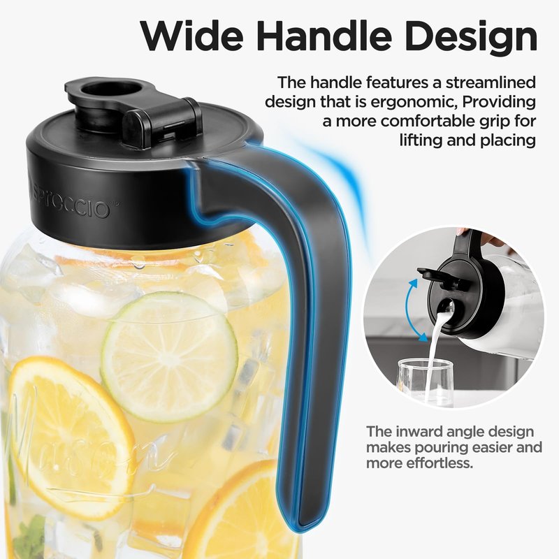 Spreccio Mason Jar Pitcher - Airtight & Leakproof Glass Pitcher with Lid[set of 2], Perfect for Breastmilk, Cold Brew, and Sun Tea, 2 Quart (64 oz) Mason Jar with Pour Spout Lid