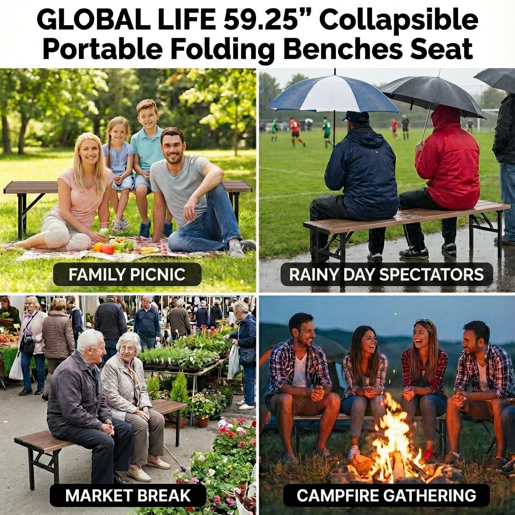 GL GLOBAL LIFE Collapsible Portable Folding Benches Seat for Outside Seating Soccer Sports Team Camping Foldable Bench Iron Tubes,Brown-59.25"