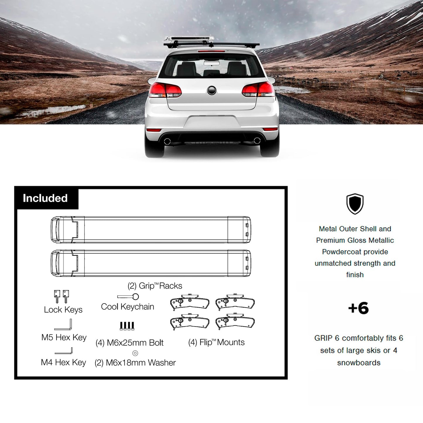 KUAT Grip 6 Durable Universal Car SUV Rooftop Crossbars Mounted Winter Sports Gear Hauling Transportation Slide-Out Locking Clamshell Rack, Fits 6 Skis/4 Snowboards - Gray Metallic with Orange Anodize