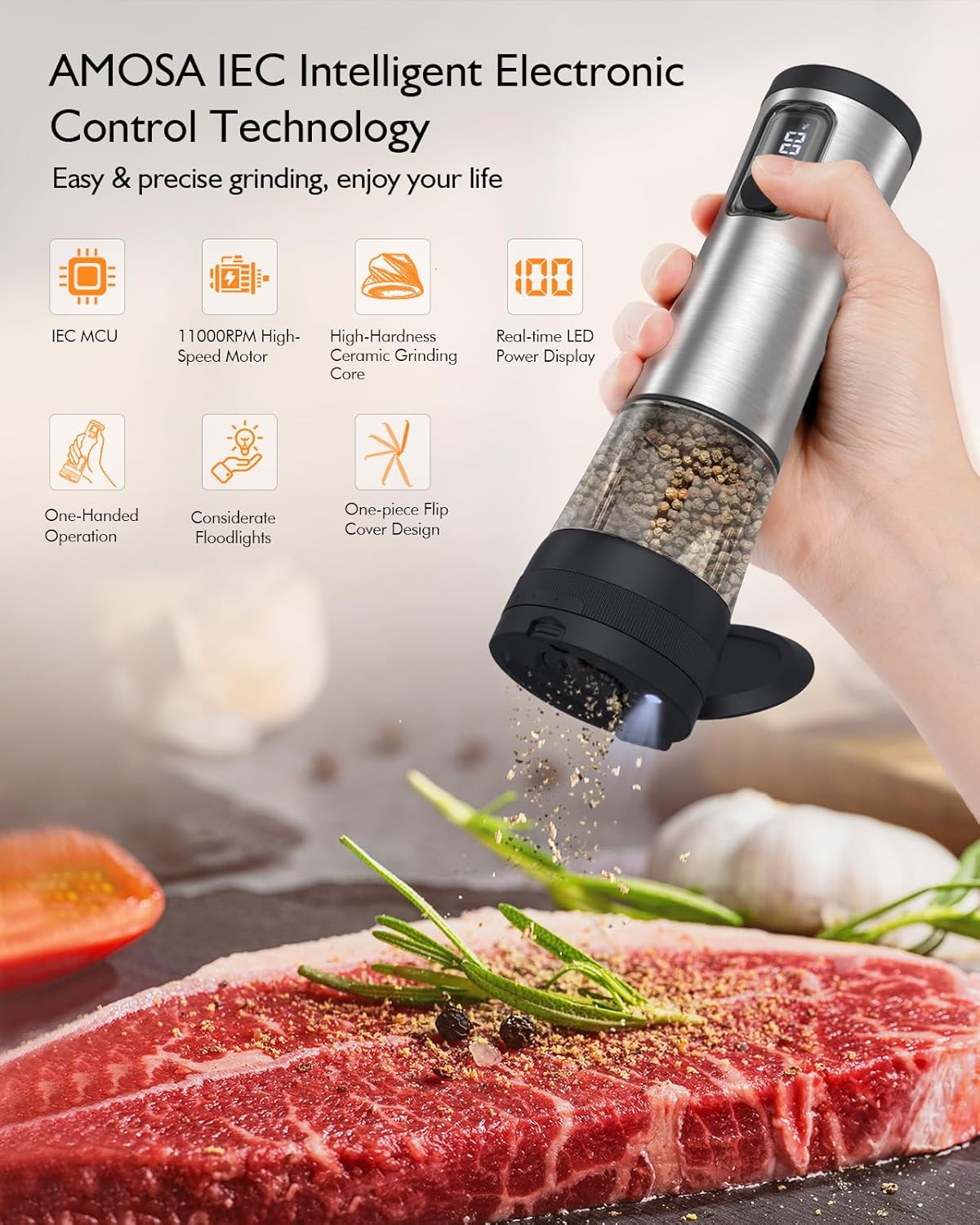 Skiennix Electric Salt and Pepper Grinder Set - Upgraded 2-Speed, Adjustable Coarseness, Rechargeable Stainless Steel Mill with LED Light