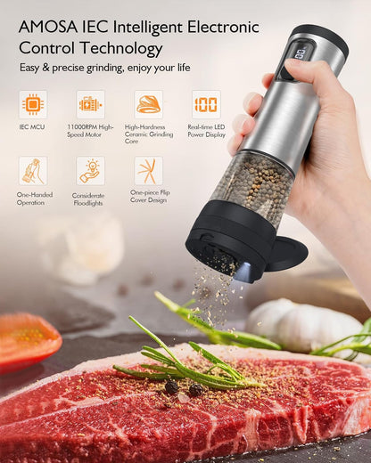 Skiennix Electric Salt and Pepper Grinder Set - Upgraded 2-Speed, Adjustable Coarseness, Rechargeable Stainless Steel Mill with LED Light
