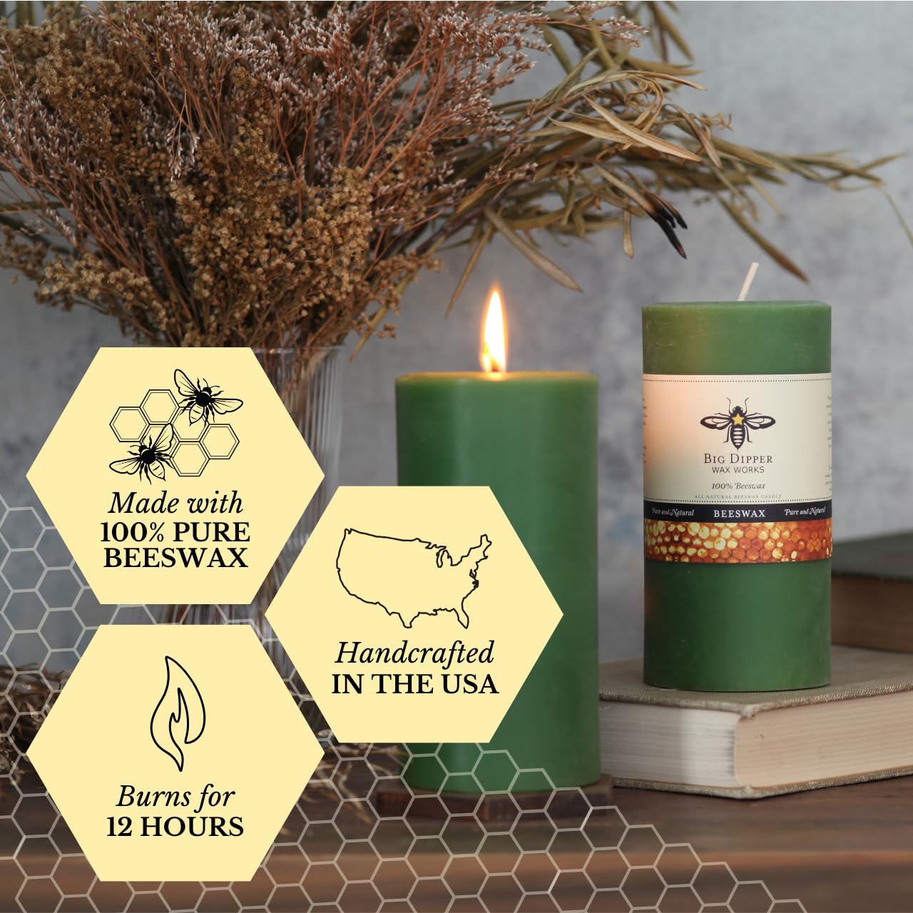 Big Dipper Wax Works Moss Green Pillar Candle, 90-Hour Long Burn, Pure Beeswax Candle, 3" x 6”