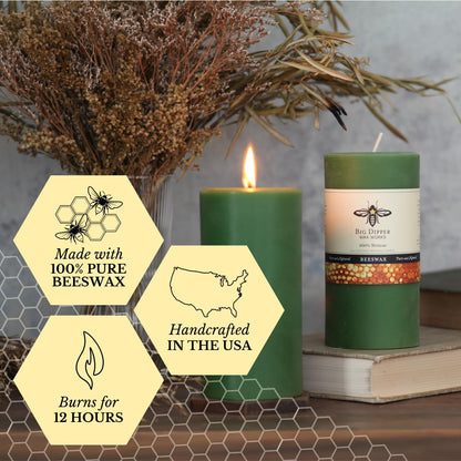 Big Dipper Wax Works Moss Green Pillar Candle, 90-Hour Long Burn, Pure Beeswax Candle, 3" x 6”