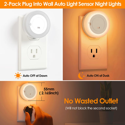 FOLKSMATE LED Night Lights Plug in, Dimmable Nightlight Plug Into Wall with Light Sensor, Soft White Adjustable for Adults, Bedroom, Bathroom, 2-Pack