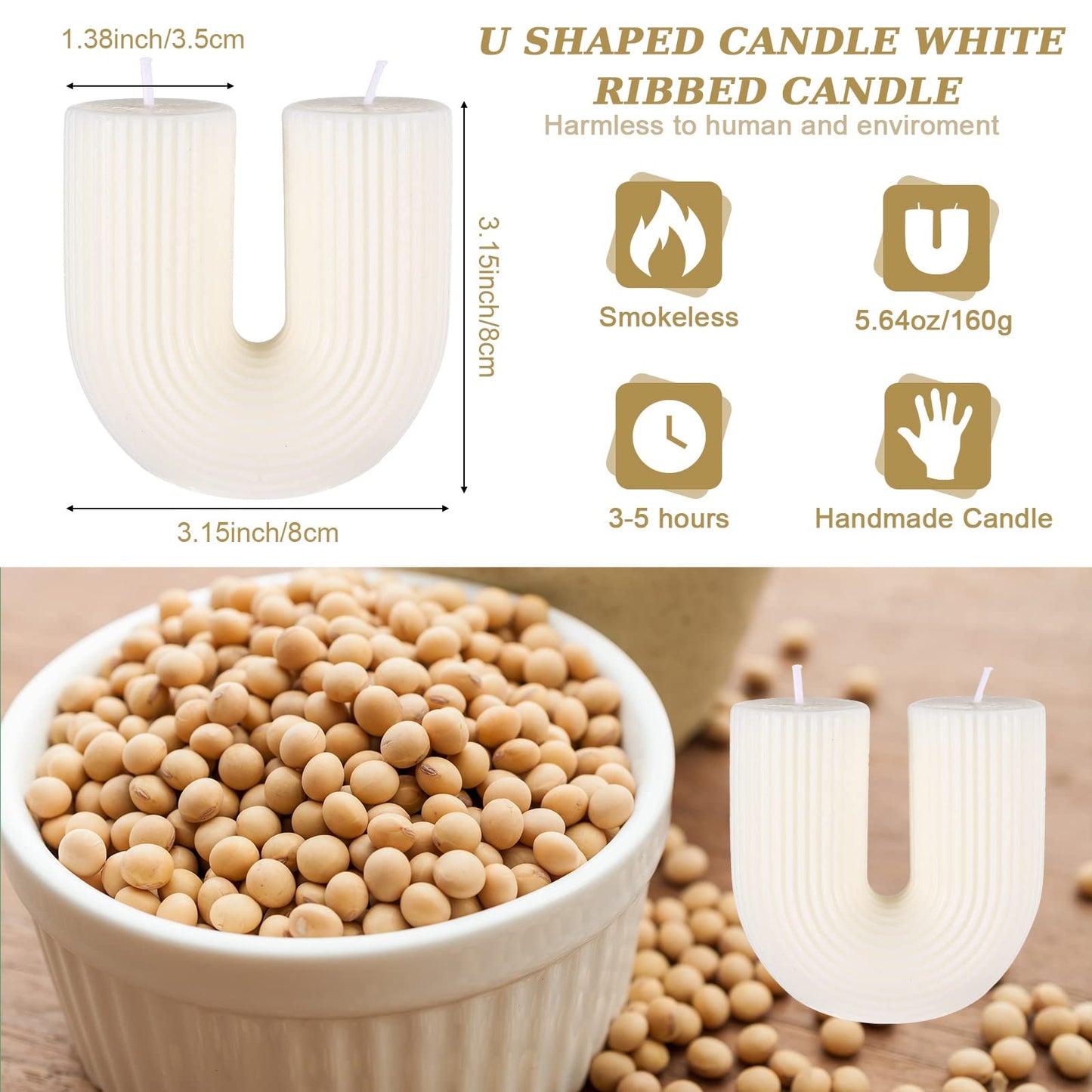 Tondiamo U Shaped Candle Ribbed Soy Wax Scented Decorative Candles Minimalist Geometric Shaped Bougie Cool Aesthetic Bougie Handmade Long Lasting for Bedroom Wedding Birthday Decor(White)