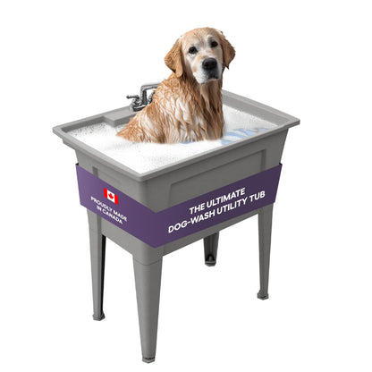 Freestanding Utility Sink with Pull-Out Faucet – 32" with Steel Legs – Multipurpose for Pet Washing & More, Indoor and Outdoor Use – by Noah William Home – Grey (26 gal)