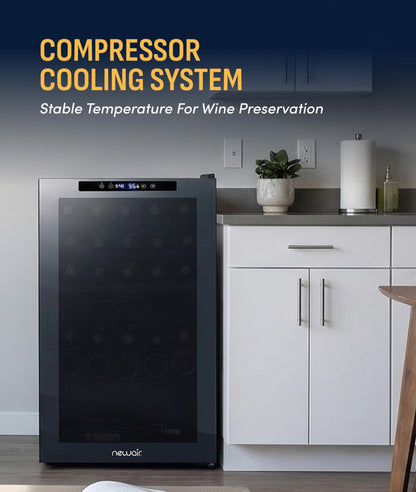 NewAir 20" Dual Zone Wine Fridge for 33 Bottles | Freestanding Wine Cooler Refrigerator with Glass Door | Mirrored Shadow™ Door & Quiet Compressor Cooling | Black