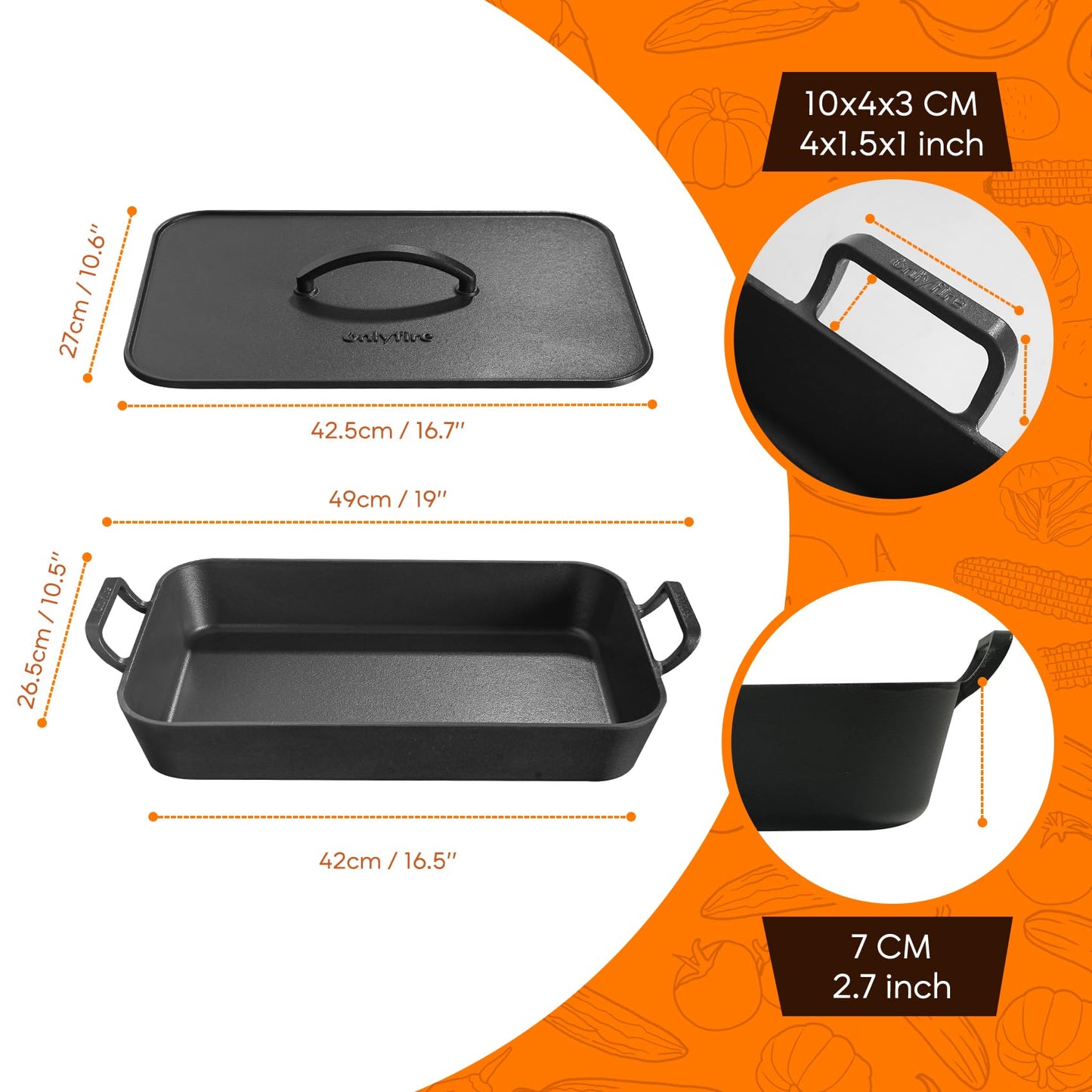 Onlyfire Cast Iron Dutch Oven, Casserole Dish with Skillet Lid & Handle for Induction, Gas & Oven, Baking Pan Griddle Pot Set for Stewing, Searing & Bread Baking, 16.5"x10.5"x7"