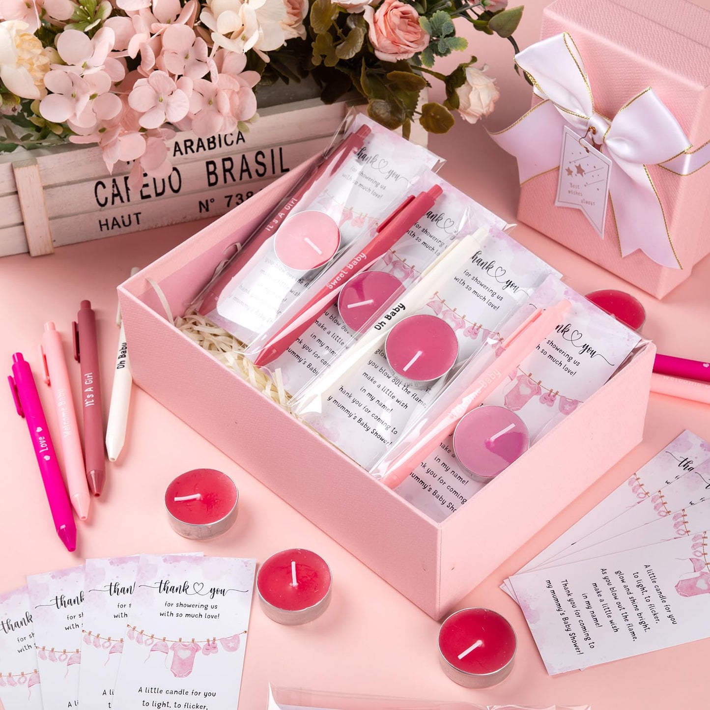 Spakon 60 Sets Baby Shower Favors for Guests Include Unscented Tealight Candles Multicolor Ballpoint Pen Thank You Card Opp Bags Gender Reveal Gifts for Baby Shower Game Prizes (Pink,Girl)