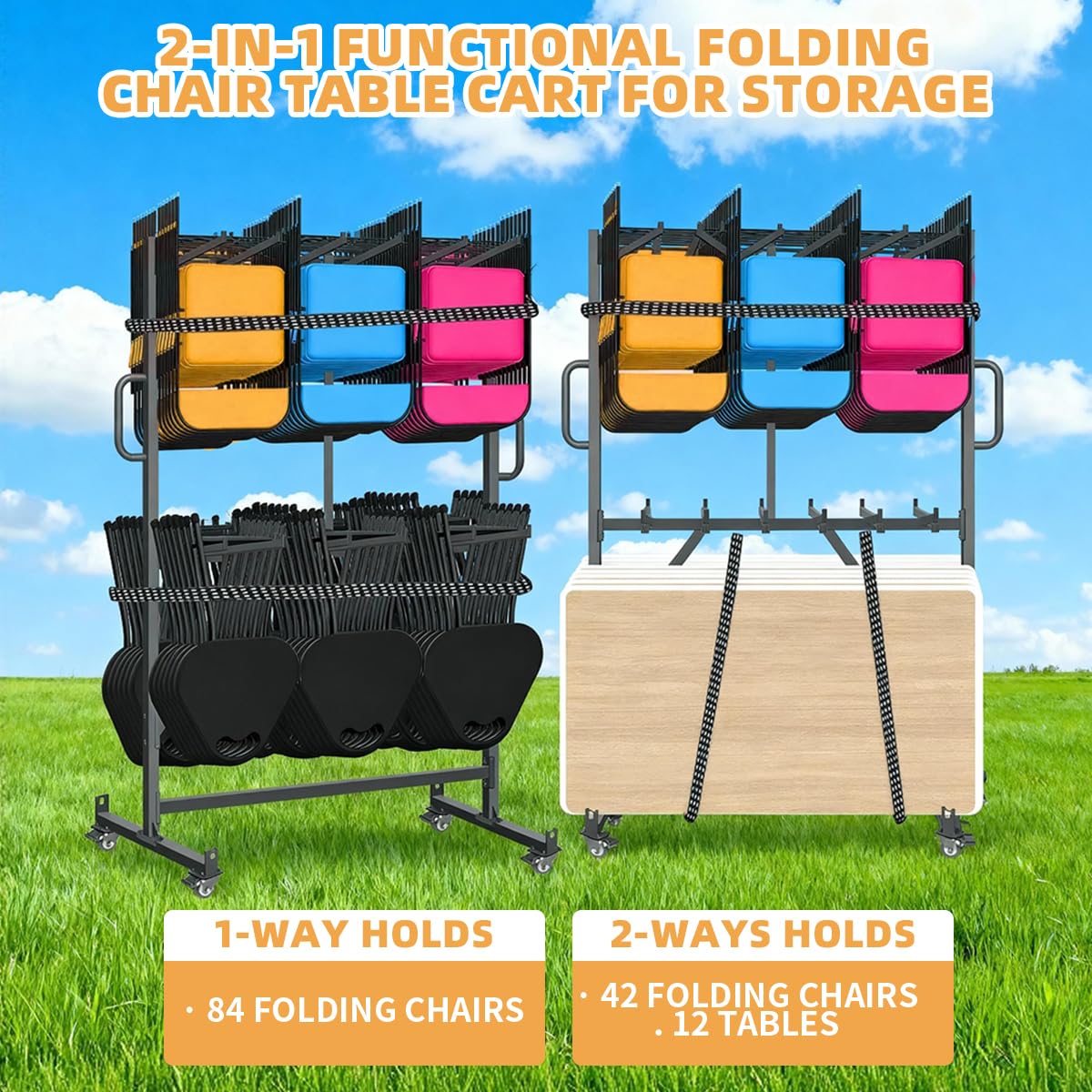 Folding Chair Rack, Heavy Duty Folding Chair Cart with Swivel Wheels,Table Cart for 84 Chair or 12 Tables,1000LBS Capacity, Multi-Function Chair Storage Dolly with Outdoor Cover and 2 Binding Ropes