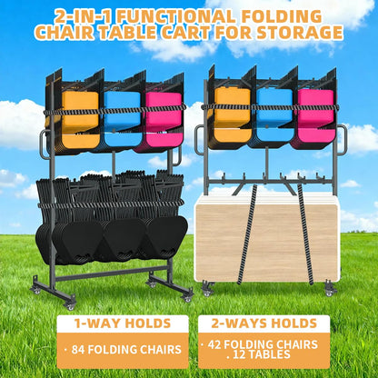 Folding Chair Rack, Heavy Duty Folding Chair Cart with Swivel Wheels,Table Cart for 84 Chair or 12 Tables,1000LBS Capacity, Multi-Function Chair Storage Dolly with Outdoor Cover and 2 Binding Ropes