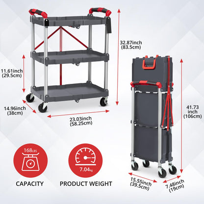 Garvee Collapsible Folding Utility Cart with Wheels, 3 Tier Rolling Service Cart for Kitchen, Office, Shopping, Garage
