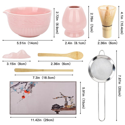 PHILORN Matcha Whisk Set, 9Pcs Ceramic Macha Kit, Matcha Set Whisk and Bowl with Spout, Whisks, Holder, Bamboo Scoop, Scoop Rest, Sifter and Tea Towel for Macha Lover (Pink)